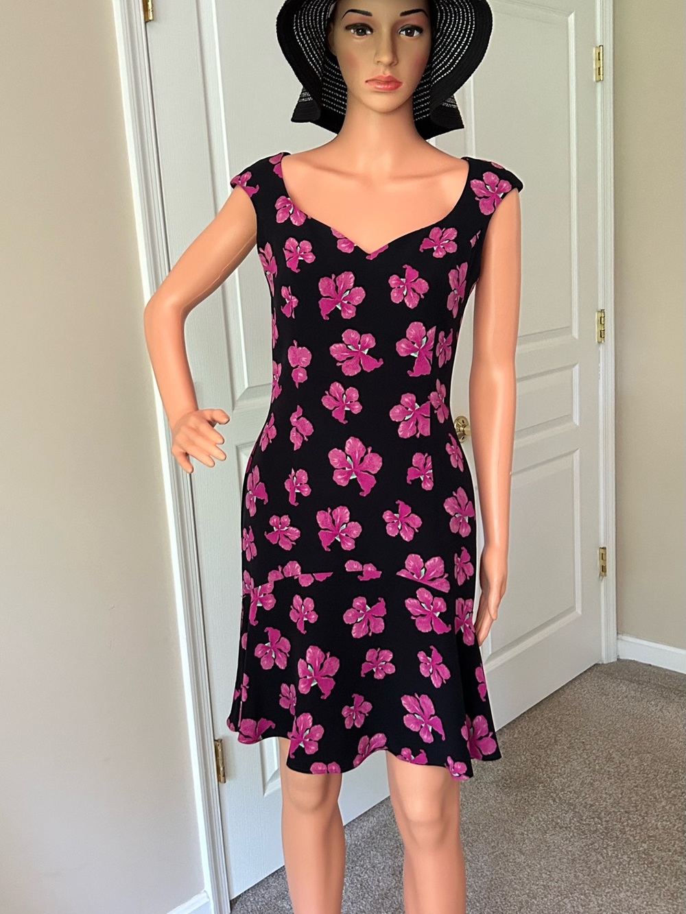 Escada Black Midi Dress with Pink Floral Print
